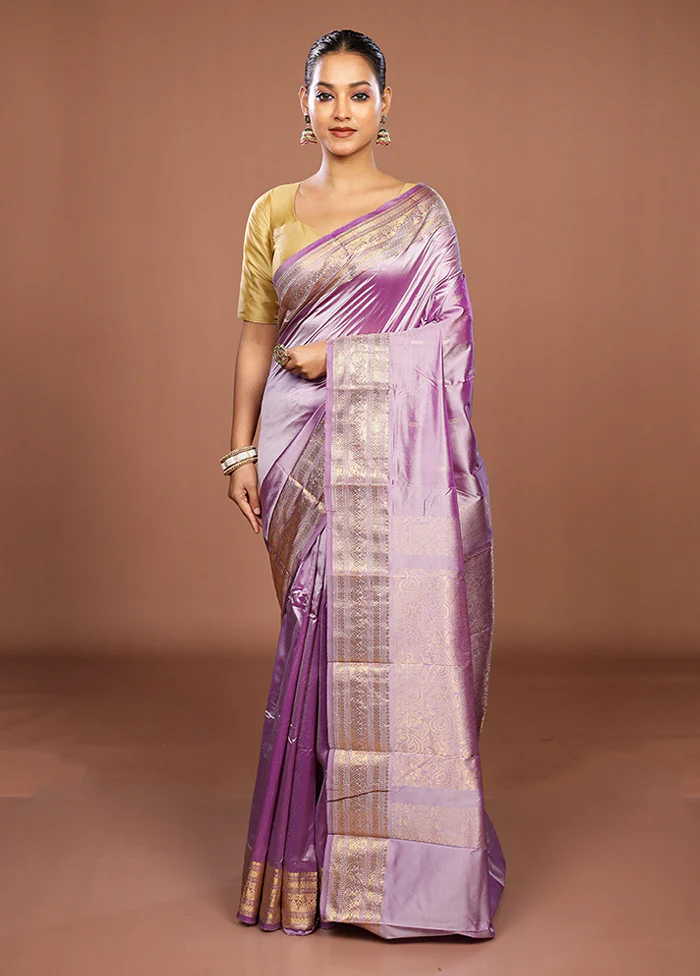Purple Handloom Kanjivaram Pure Silk Saree With Blouse Piece - Image 2