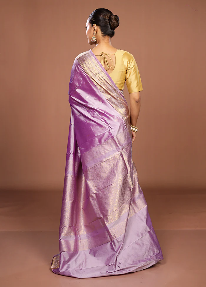 Purple Handloom Kanjivaram Pure Silk Saree With Blouse Piece - Image 3