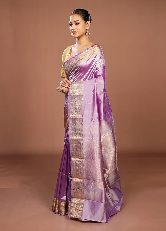 Purple Handloom Kanjivaram Pure Silk Saree With Blouse Piece - Image 4