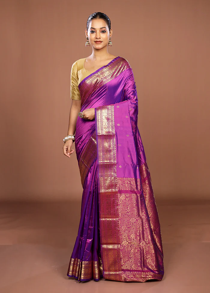 Purple Handloom Kanjivaram Pure Silk Saree With Blouse Piece - Image 2