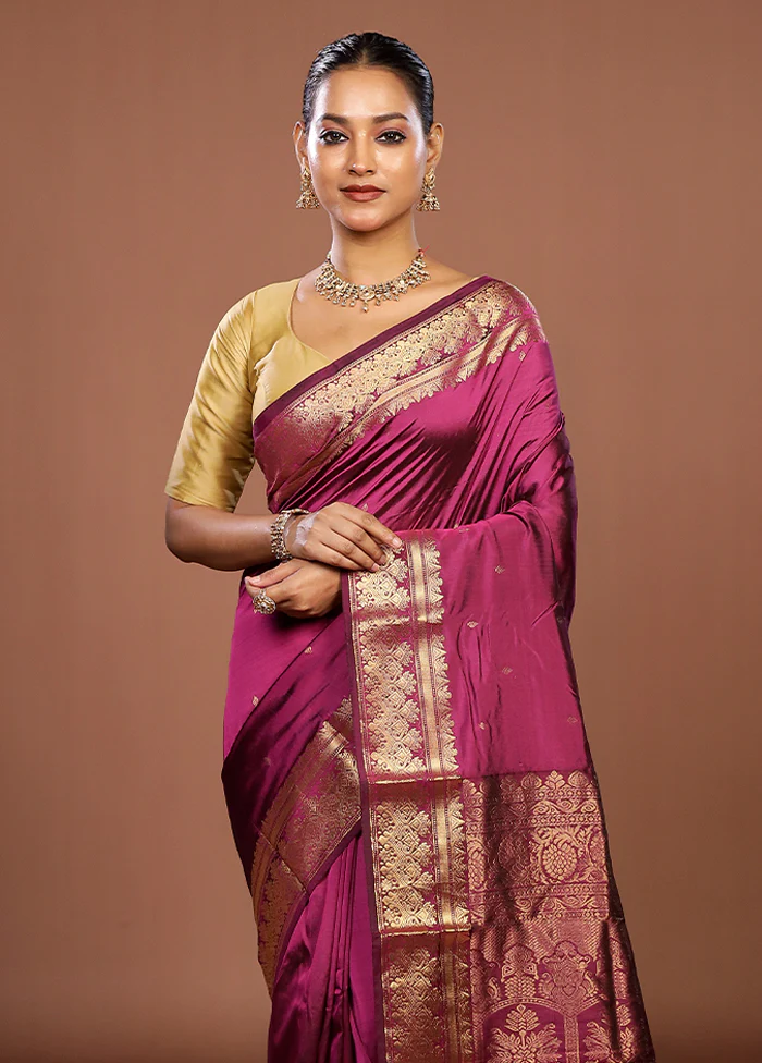 Purple Handloom Kanjivaram Pure Silk Saree With Blouse Piece