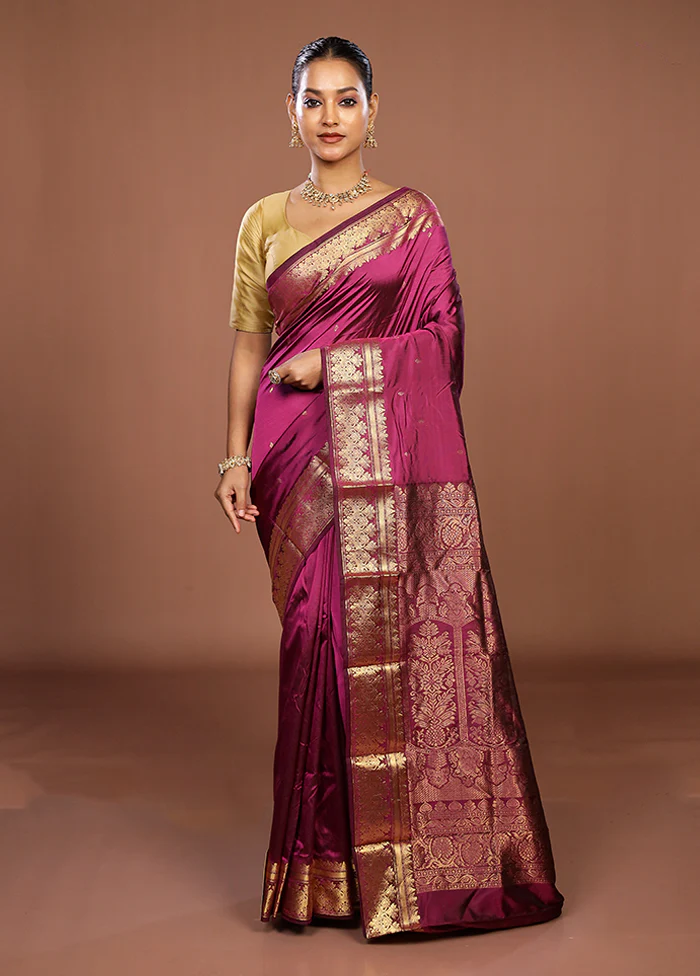 Purple Handloom Kanjivaram Pure Silk Saree With Blouse Piece - Image 2