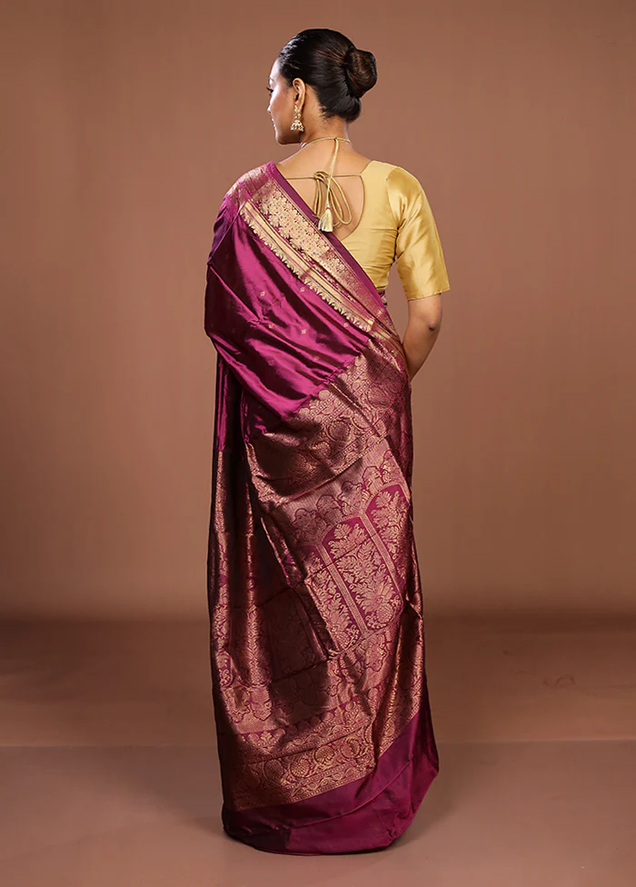Purple Handloom Kanjivaram Pure Silk Saree With Blouse Piece - Image 3