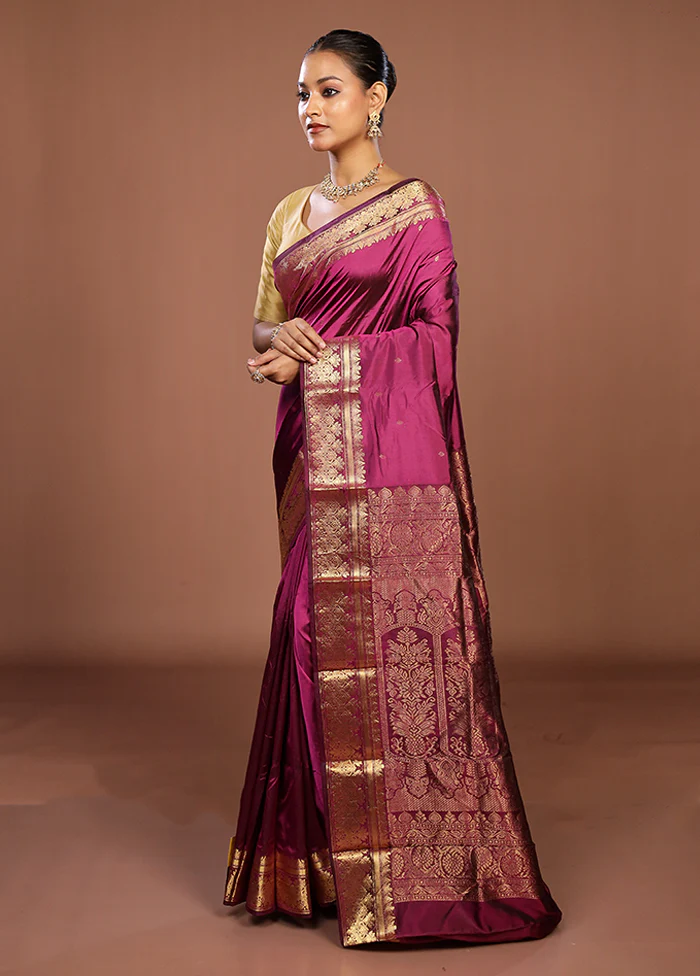 Purple Handloom Kanjivaram Pure Silk Saree With Blouse Piece - Image 4