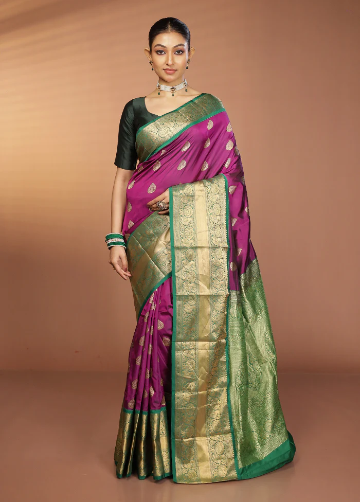 Purple Handloom Kanjivaram Pure Silk Saree With Blouse Piece - Image 2