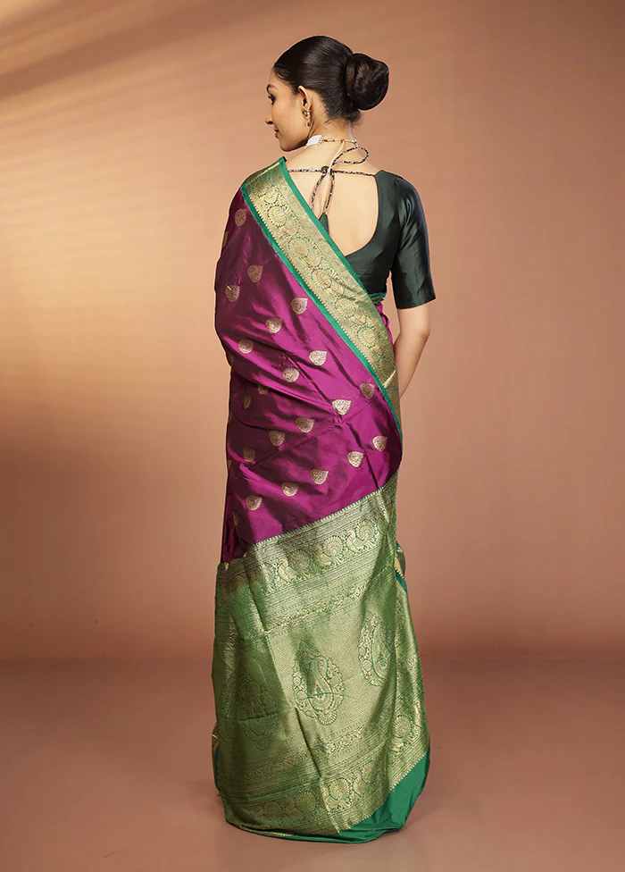 Purple Handloom Kanjivaram Pure Silk Saree With Blouse Piece - Image 3