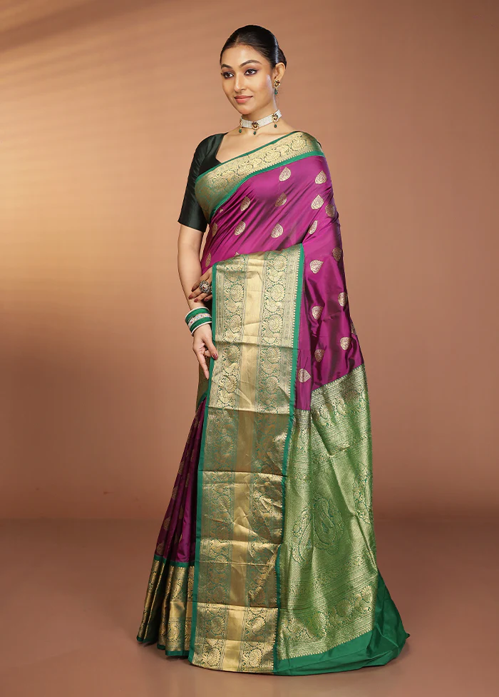 Purple Handloom Kanjivaram Pure Silk Saree With Blouse Piece - Image 4