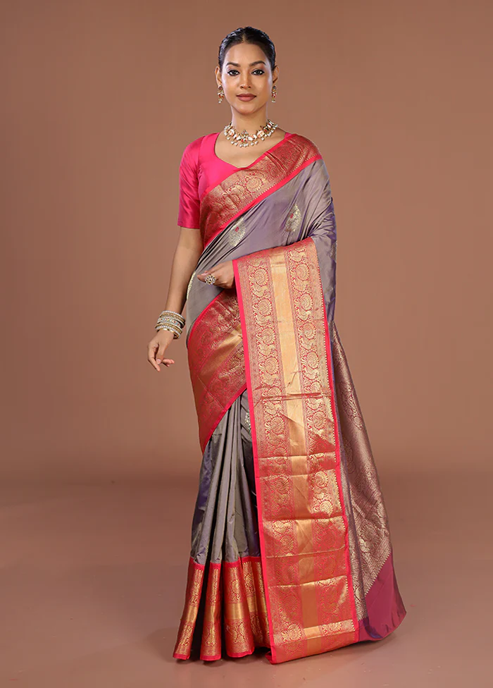 Purple Handloom Kanjivaram Pure Silk Saree With Blouse Piece - Image 2