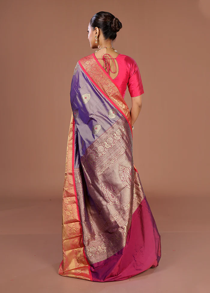 Purple Handloom Kanjivaram Pure Silk Saree With Blouse Piece - Image 3