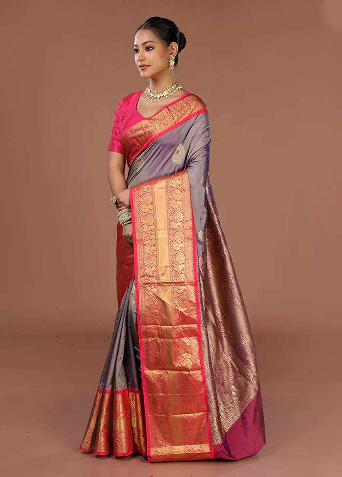 Purple Handloom Kanjivaram Pure Silk Saree With Blouse Piece - Image 4