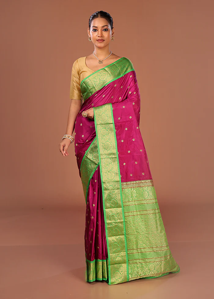 Purple Handloom Kanjivaram Pure Silk Saree With Blouse Piece - Image 2