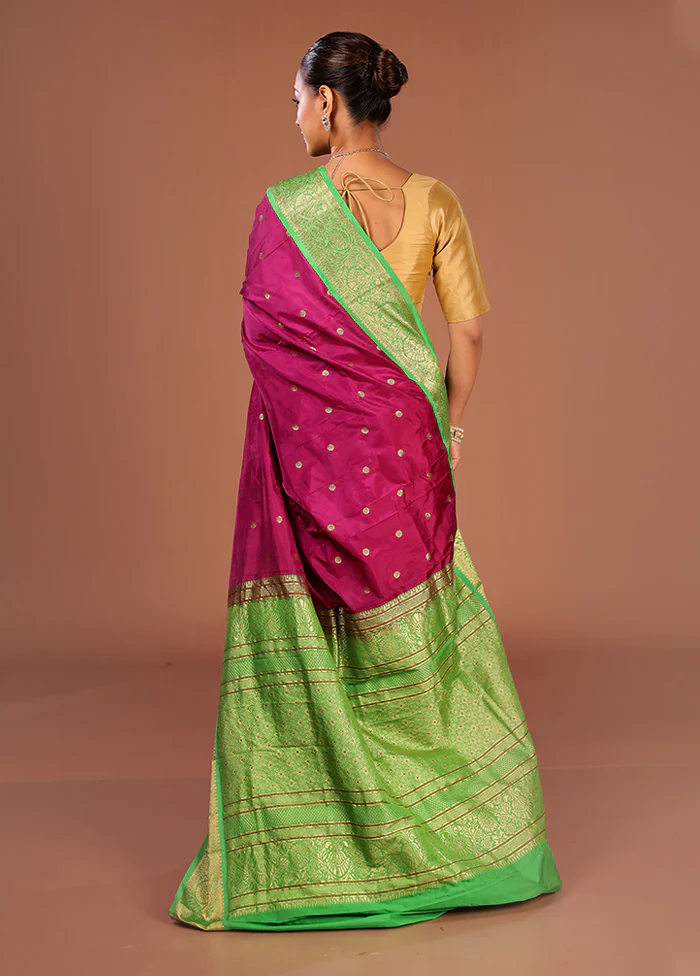 Purple Handloom Kanjivaram Pure Silk Saree With Blouse Piece - Image 3