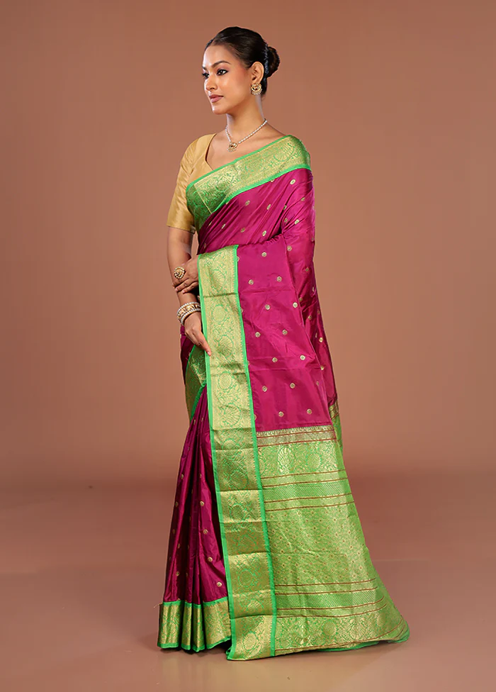 Purple Handloom Kanjivaram Pure Silk Saree With Blouse Piece - Image 4
