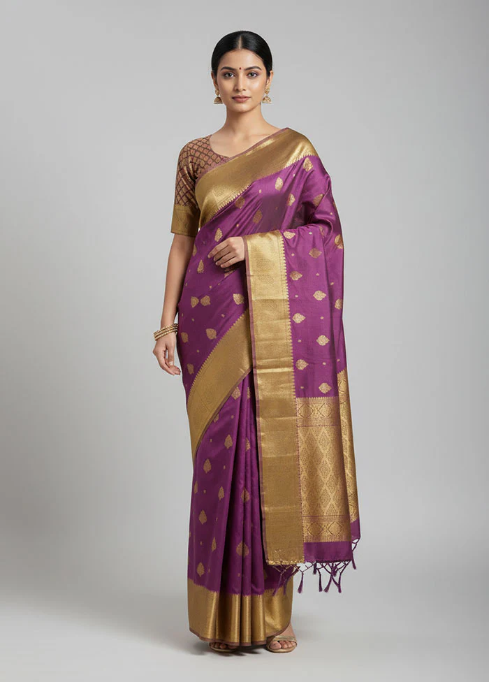 Purple Handloom Kanjivaram Pure Silk Saree With Blouse Piece