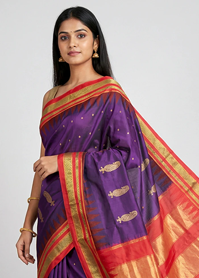 Purple Handloom Kanjivaram Pure Silk Saree With Blouse Piece - Image 2