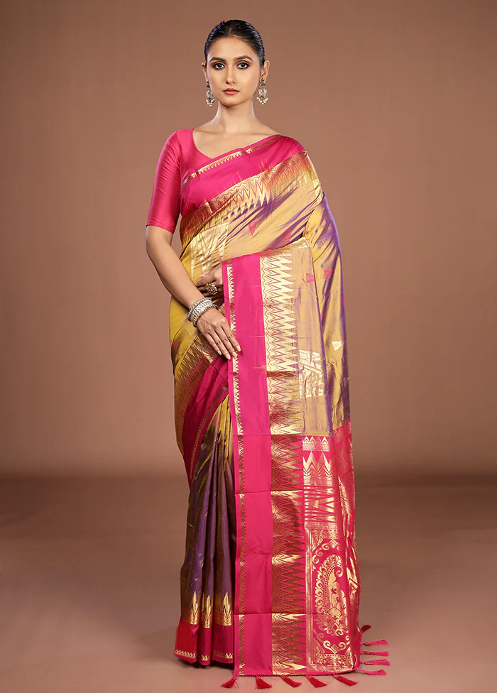 Purple Handloom Kanjivaram Pure Silk Saree With Blouse Piece - Image 2