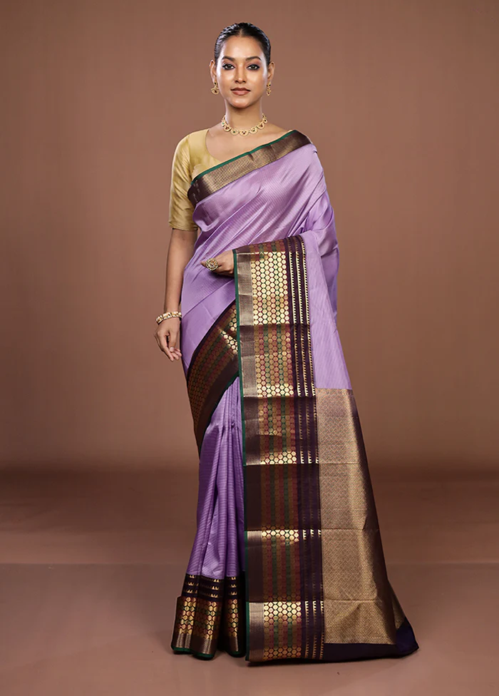 Purple Handloom Kanjivaram Pure Silk Saree With Blouse Piece - Image 2