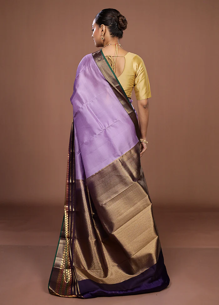Purple Handloom Kanjivaram Pure Silk Saree With Blouse Piece - Image 3