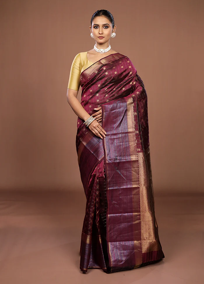 Purple Handloom Kanjivaram Pure Silk Saree With Blouse Piece - Image 2