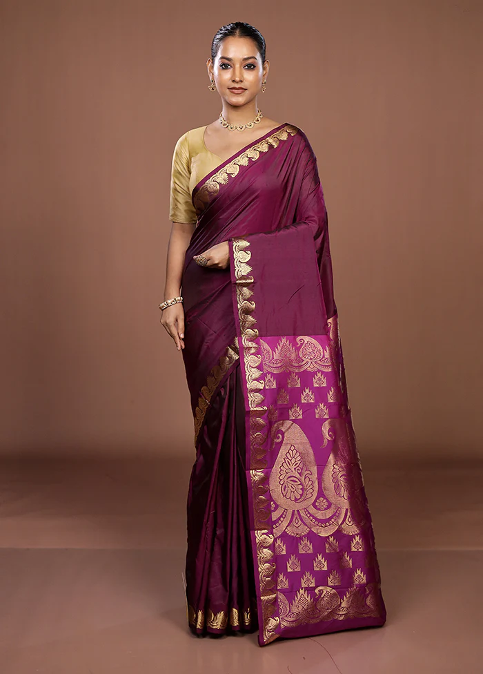 Purple Handloom Kanjivaram Pure Silk Saree With Blouse Piece - Image 2