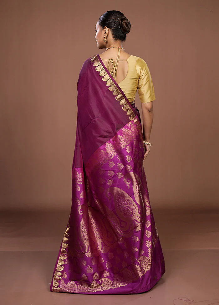 Purple Handloom Kanjivaram Pure Silk Saree With Blouse Piece - Image 3