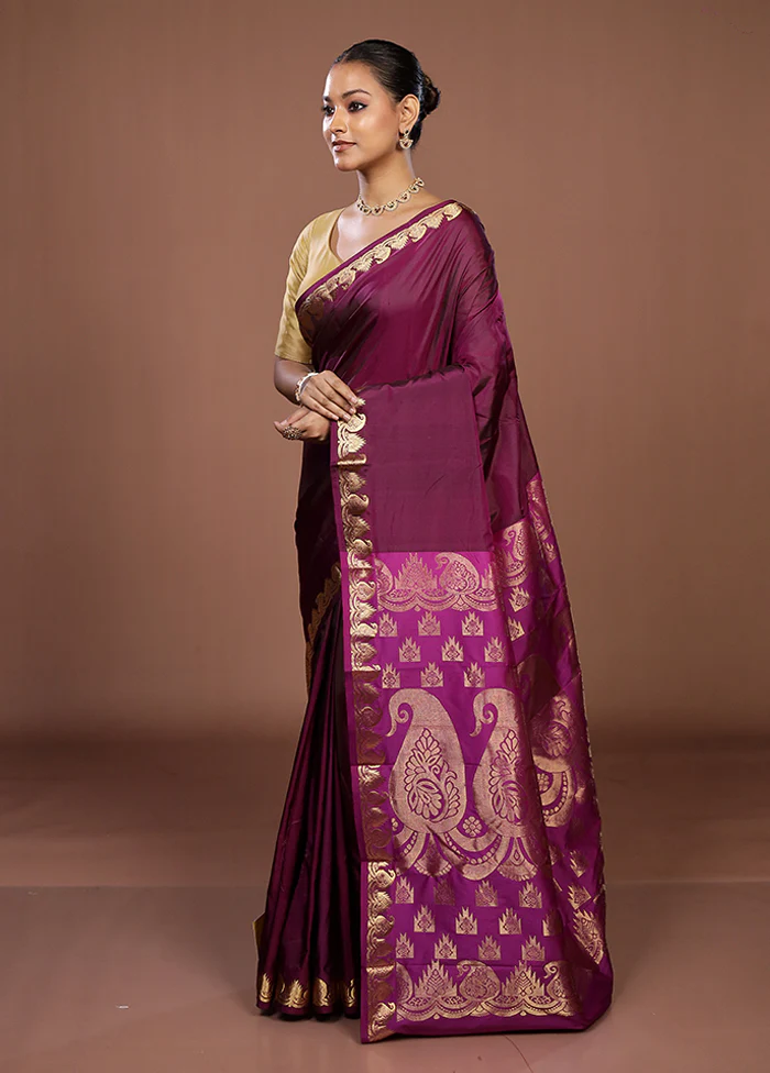 Purple Handloom Kanjivaram Pure Silk Saree With Blouse Piece - Image 4