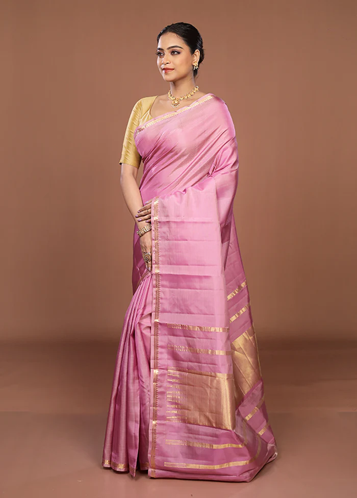 Purple Handloom Kanjivaram Pure Silk Saree With Blouse Piece - Image 4