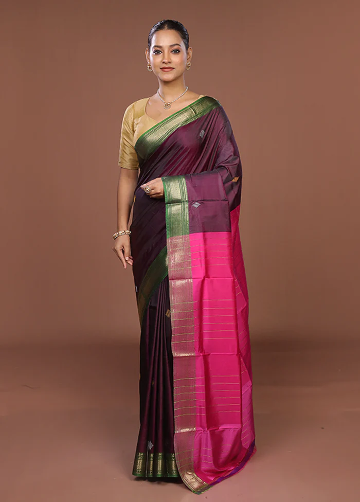 Purple Handloom Kalakhetra Pure Silk Saree With Blouse Piece - Image 2