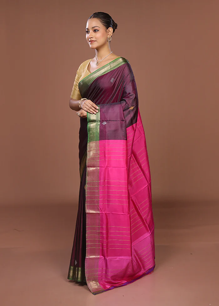 Purple Handloom Kalakhetra Pure Silk Saree With Blouse Piece - Image 4