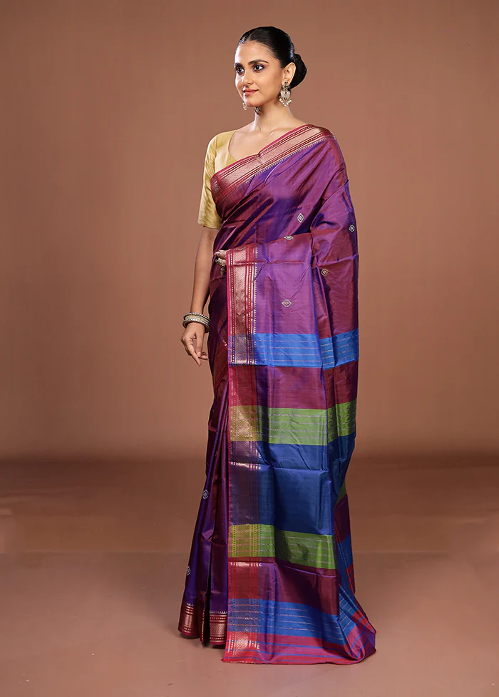 Purple Handloom Kanjivaram Pure Silk Saree With Blouse Piece - Image 4