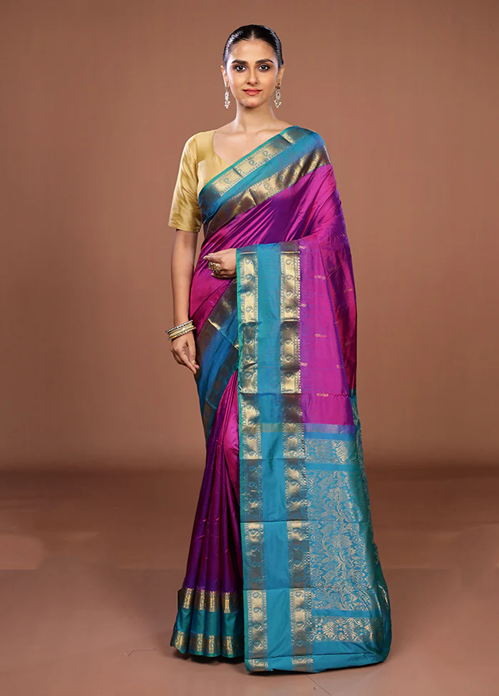 Purple Handloom Kanjivaram Pure Silk Saree With Blouse Piece - Image 2
