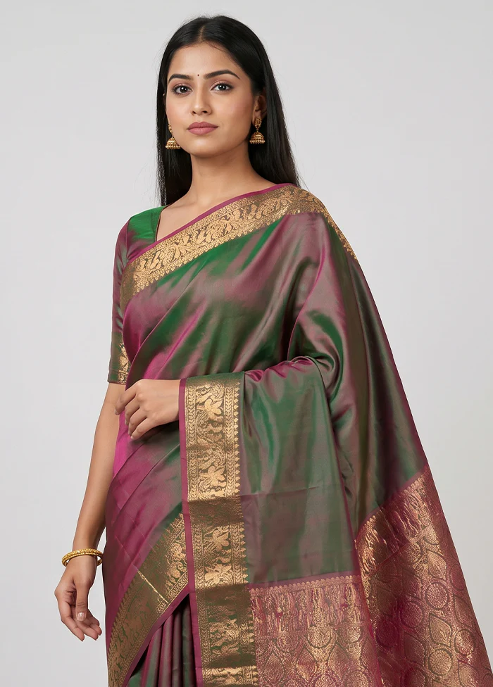 Purple Handloom Kanjivaram Pure Silk Saree With Blouse Piece - Image 2