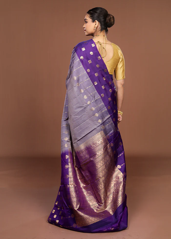 Purple Handloom Kanjivaram Pure Silk Saree With Blouse Piece - Image 3