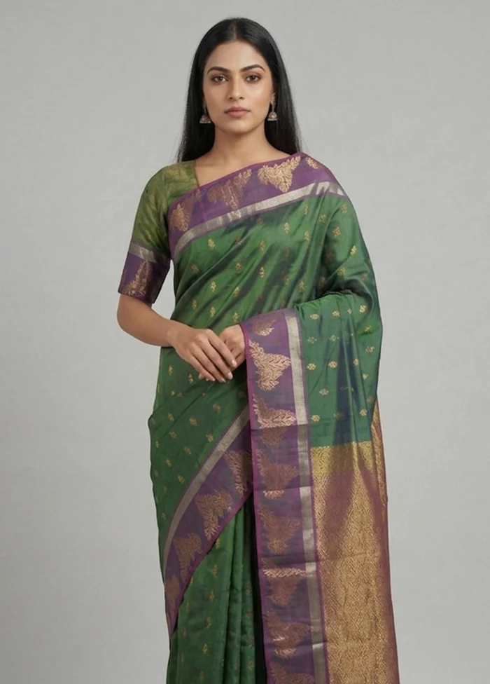 Purple Handloom Kanjivaram Pure Silk Saree With Blouse Piece - Image 2
