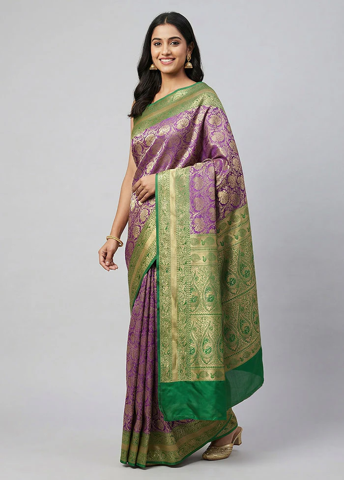 Purple Handloom Kanjivaram Pure Silk Saree With Blouse Piece