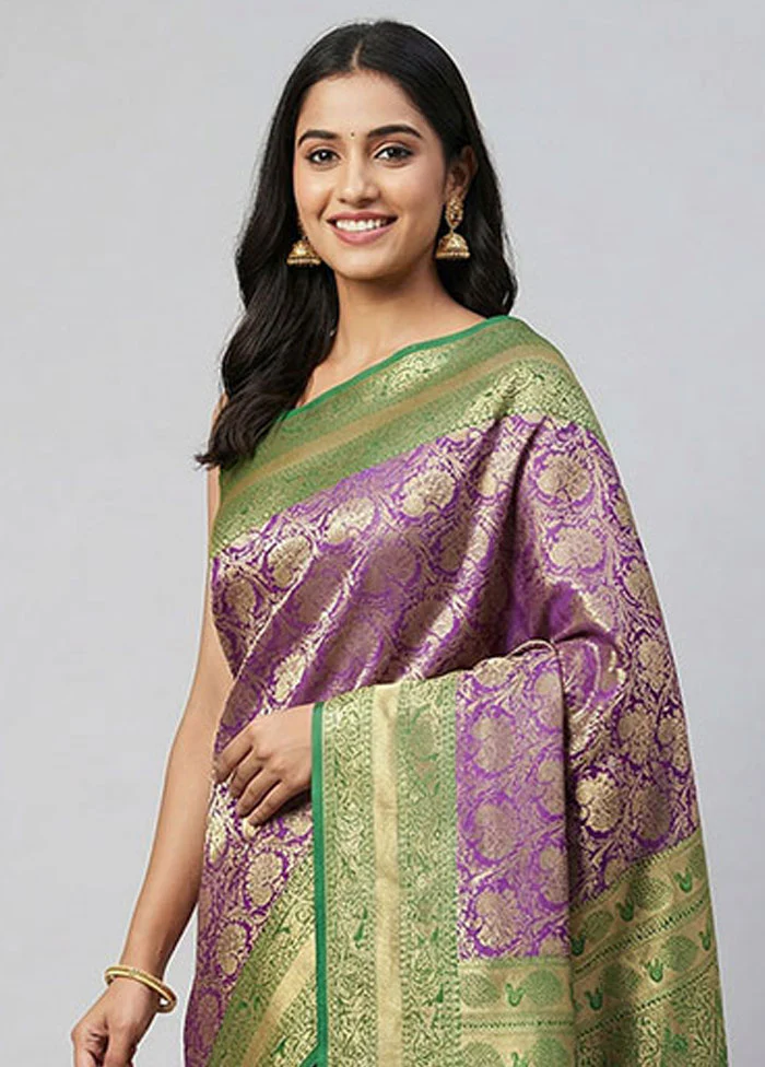 Purple Handloom Kanjivaram Pure Silk Saree With Blouse Piece - Image 2
