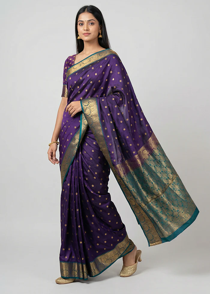 Purple Handloom Kanjivaram Pure Silk Saree With Blouse Piece