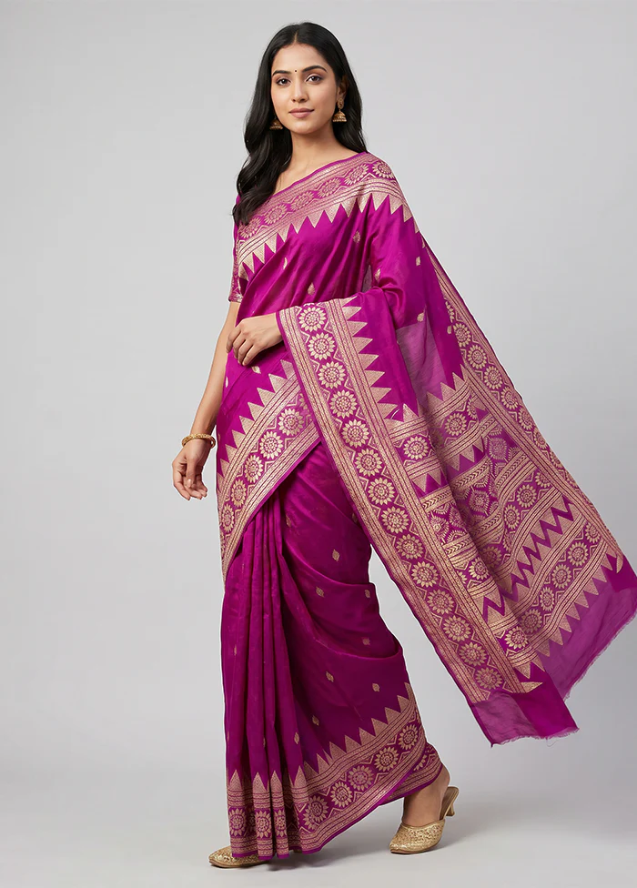 Purple Handloom Kantha Stitch Pure Silk Saree With Blouse Piece