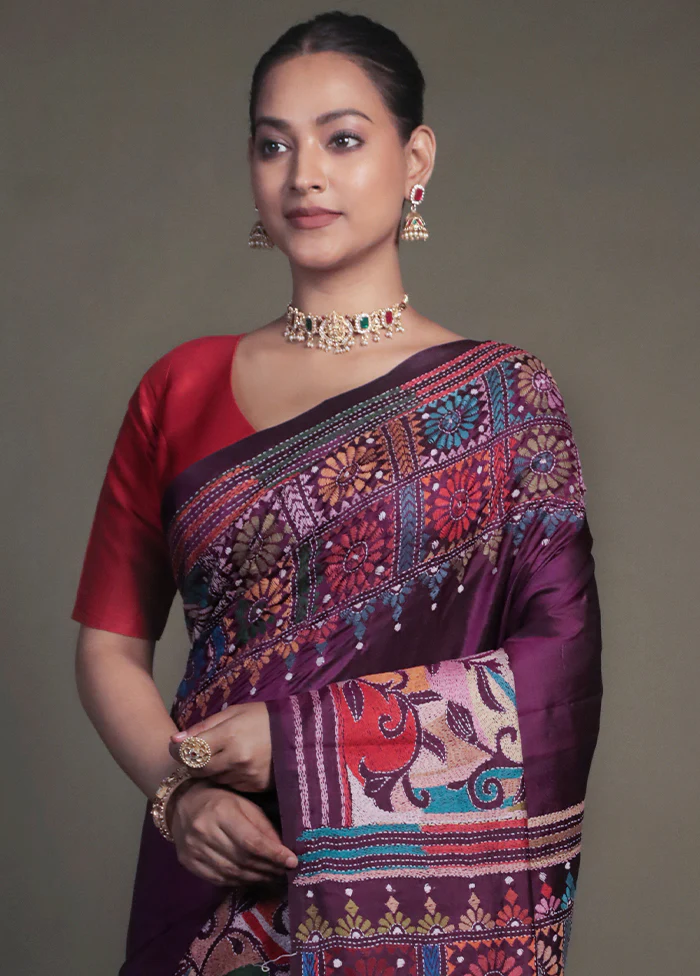 Purple Handloom Kantha Stitch Pure Silk Saree With Blouse Piece - Image 2