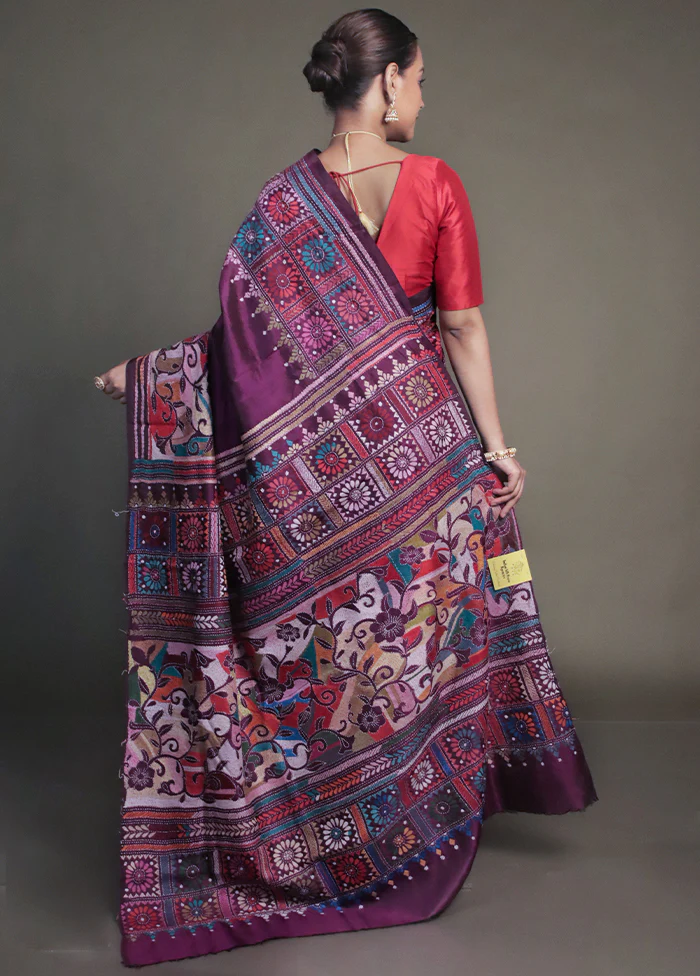Purple Handloom Kantha Stitch Pure Silk Saree With Blouse Piece - Image 3