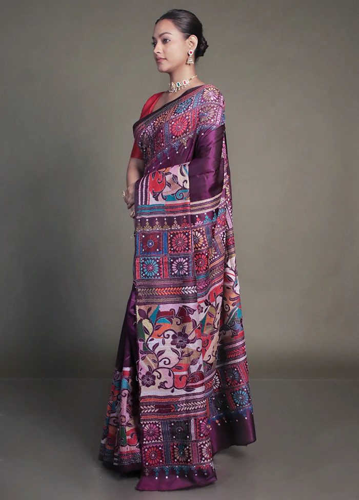 Purple Handloom Kantha Stitch Pure Silk Saree With Blouse Piece - Image 4