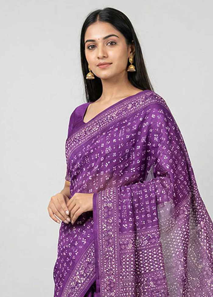 Purple Handloom Kantha Stitch Pure Silk Saree With Blouse Piece - Image 2