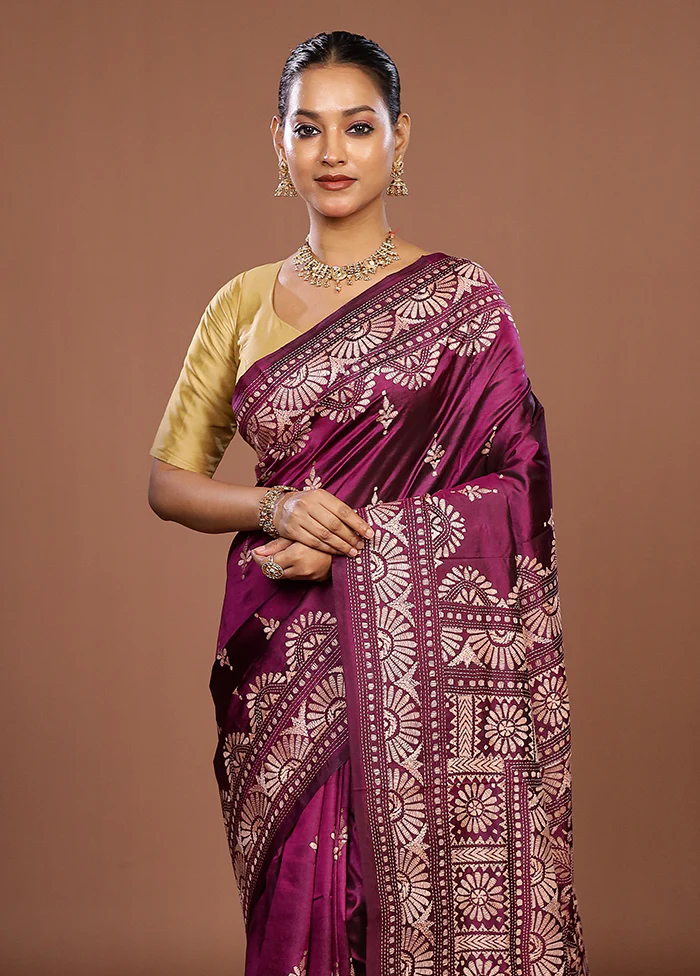 Purple Handloom Kantha Stitch Pure Silk Saree With Blouse Piece