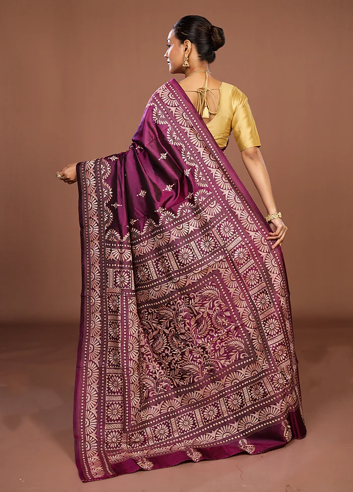 Purple Handloom Kantha Stitch Pure Silk Saree With Blouse Piece - Image 3