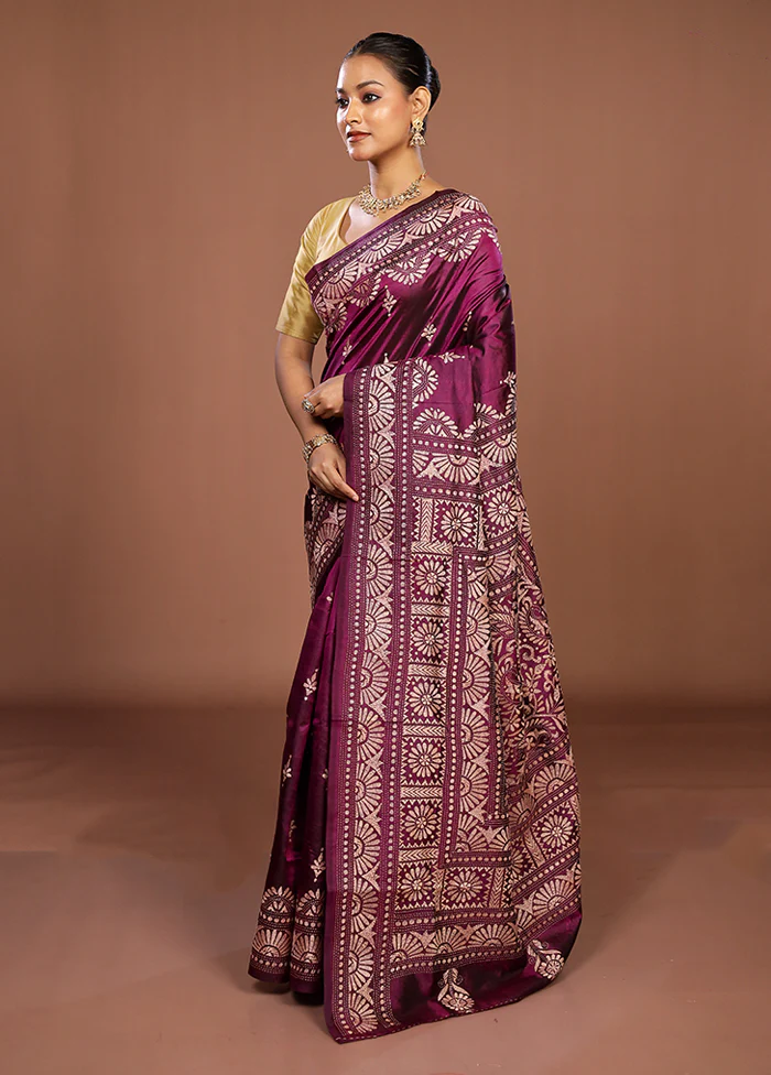 Purple Handloom Kantha Stitch Pure Silk Saree With Blouse Piece - Image 4