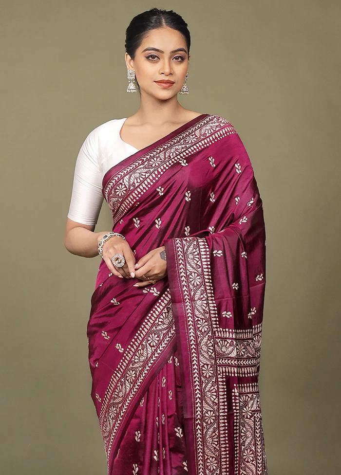 Purple Handloom Kantha Stitch Pure Silk Saree With Blouse Piece