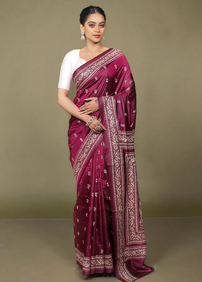 Purple Handloom Kantha Stitch Pure Silk Saree With Blouse Piece - Image 2