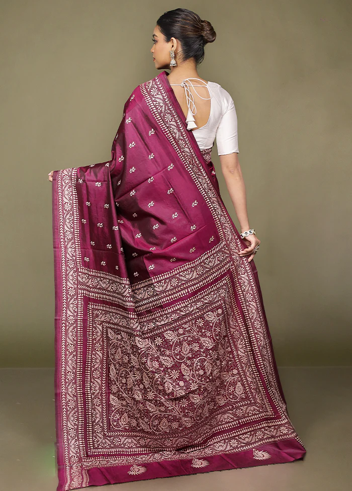 Purple Handloom Kantha Stitch Pure Silk Saree With Blouse Piece - Image 3