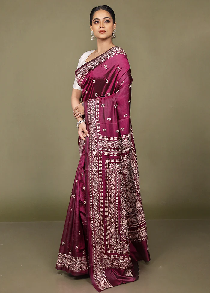 Purple Handloom Kantha Stitch Pure Silk Saree With Blouse Piece - Image 4
