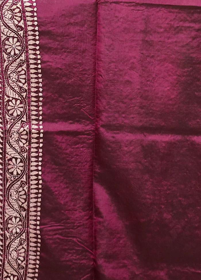 Purple Handloom Kantha Stitch Pure Silk Saree With Blouse Piece - Image 5